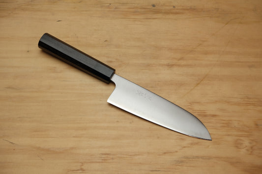 Kuromatsu stainless clad aogami super santoku 165 with an octagonal rosewood handle