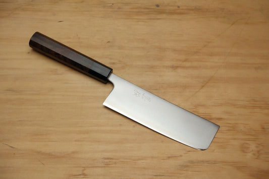 Kuromatsu roestvrijstalen bekleed aogami super nakiri 165 met een achthoekig rozenhouten heft