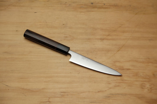 Kuromatsu stainless clad aogami super petty 135 with an octagonal rosewood handle