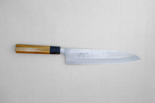 Gihei stainless clad aogami 2 nashiji gyuto with a palo santo handle and buffalo horn collar 240 mm