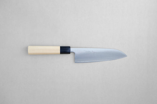 Yamawaki stainless clad aogami super santoku 165 with an octagonal ho wood and buffalo horn handle